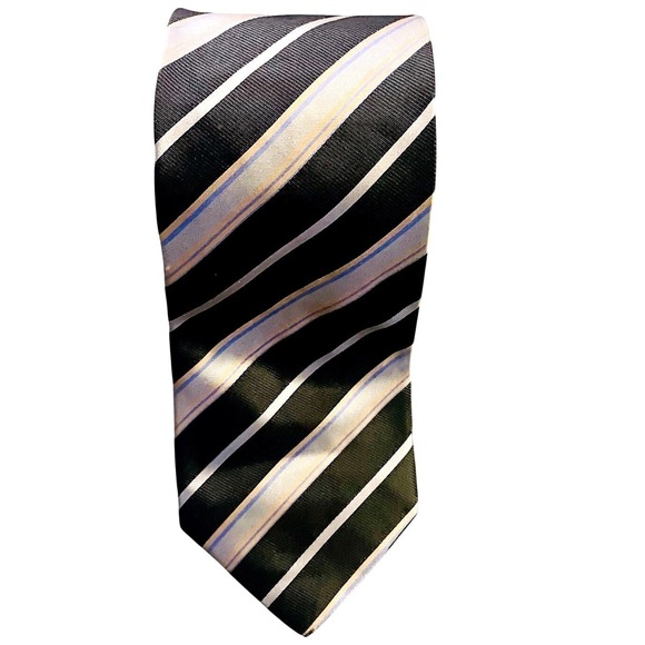 Burberry London Men Silk Tie Black Tan Blue Diagonal Stripe Classic Necktie